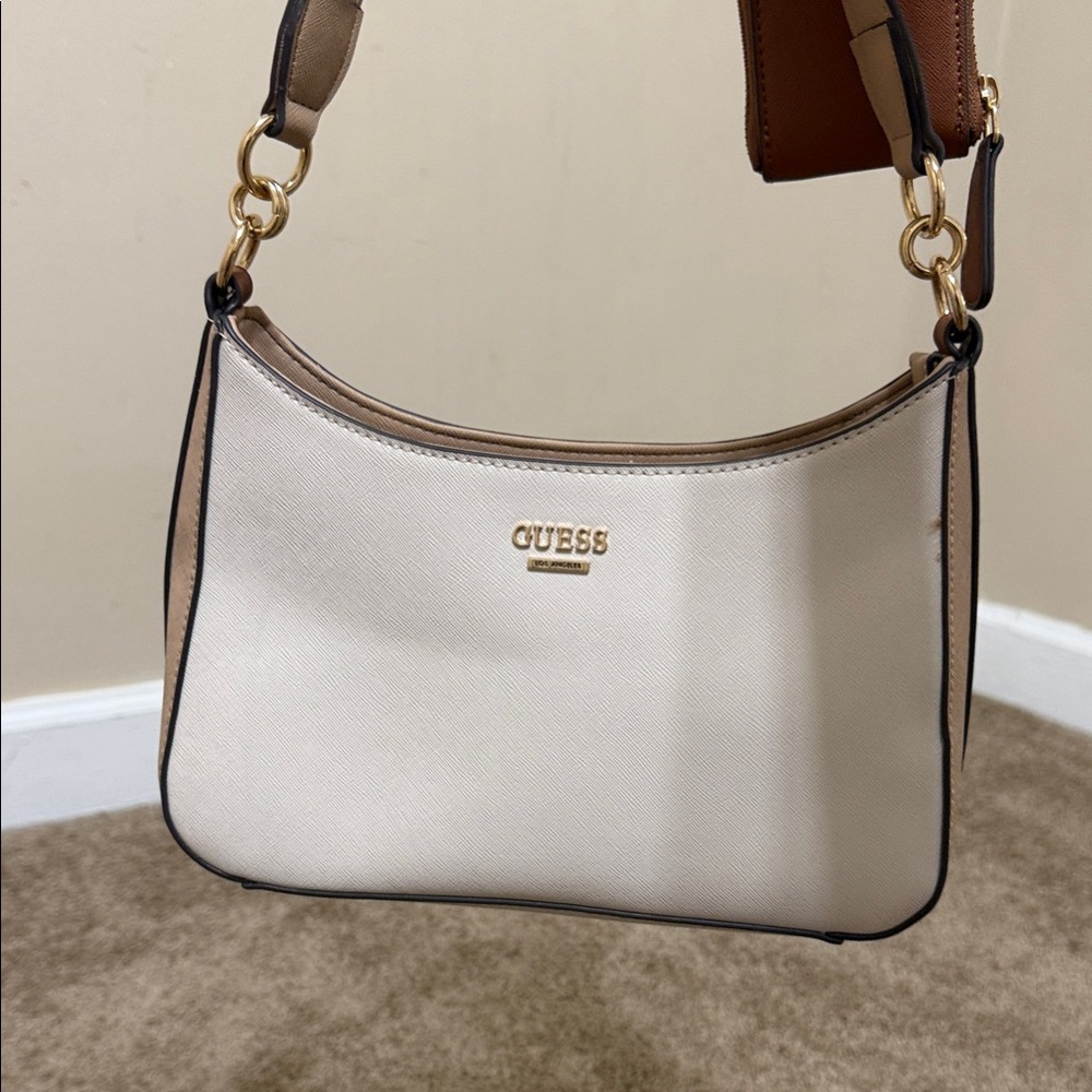 GUESS Cream and Brown Shoulder Bag